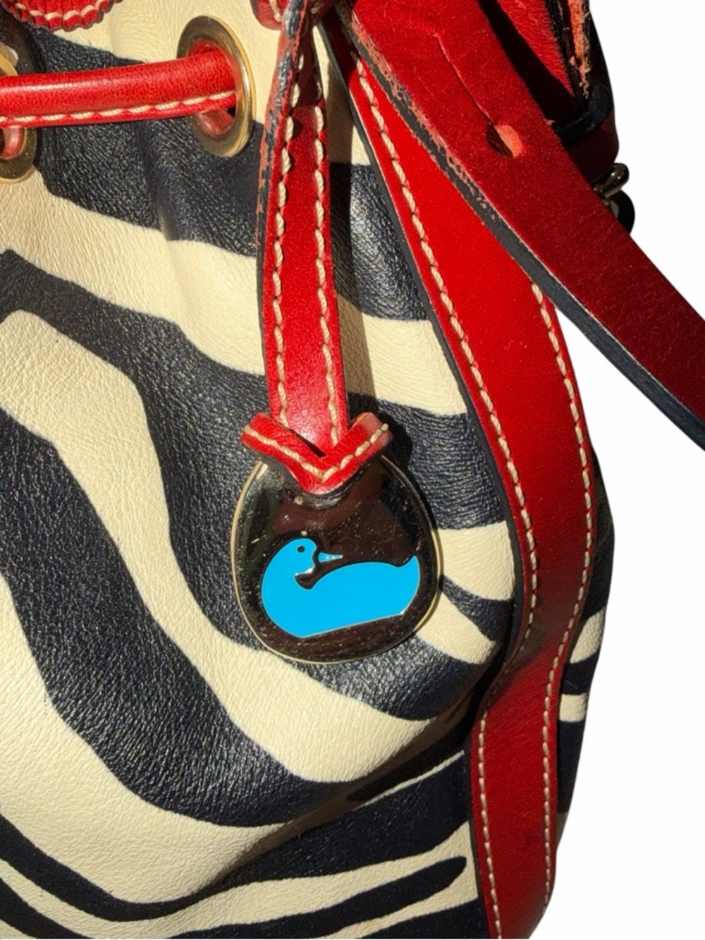 REHAB Dooney & Bourke Red Trim Zebra-Print Drawstring Bucket Bag - Picture 5 of 14